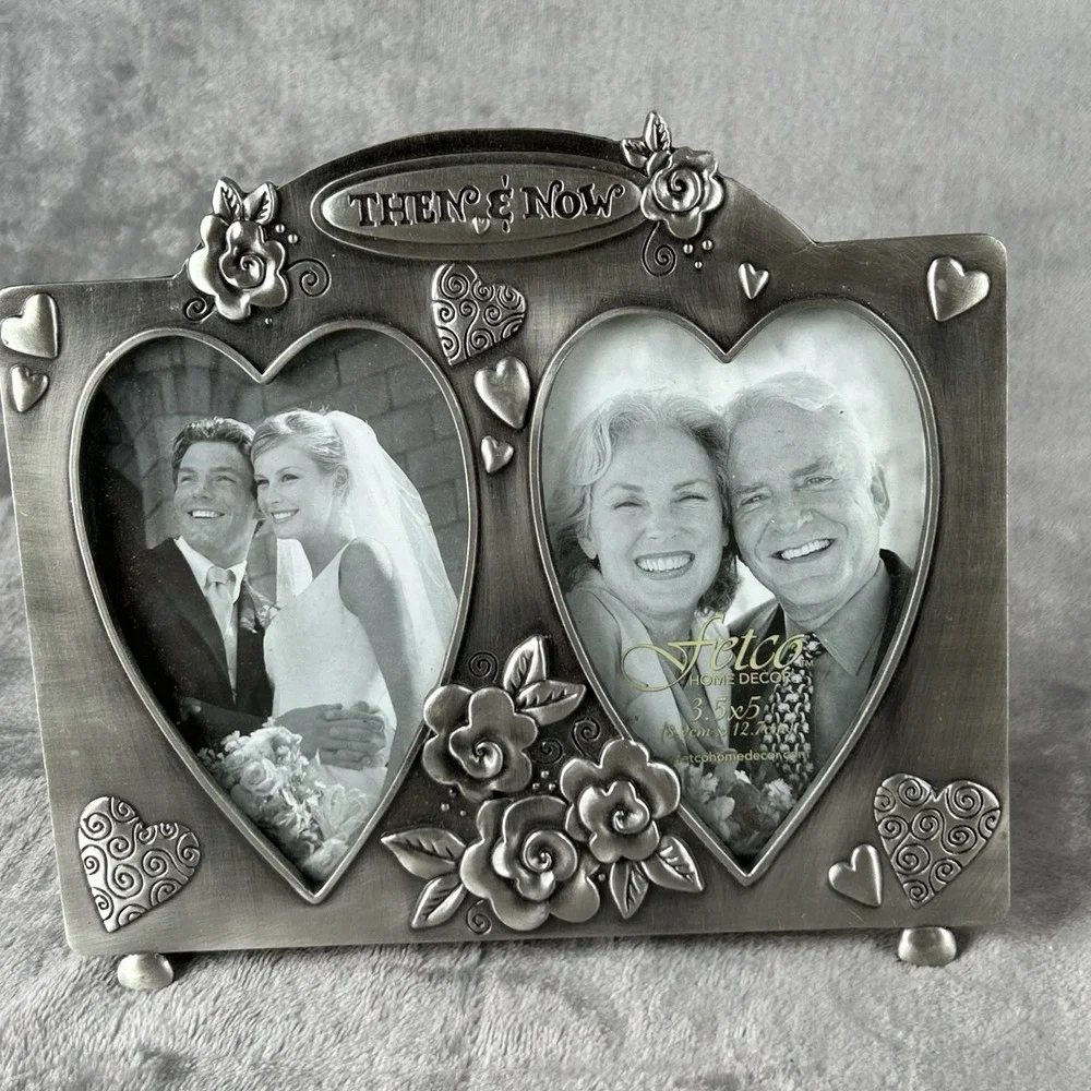 Fetco Then & Now Picture Frame Metal Heart Flower Anniversary Holds (2) 3.5x5 in